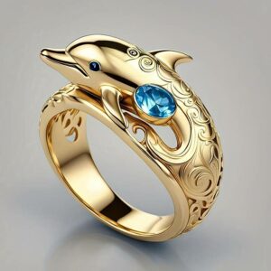 Bague Dauphin Dorée et Pierre Bleue