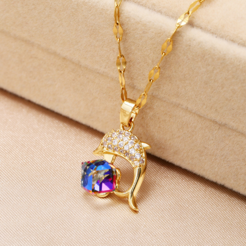 Collier Dauphin Cristal Multicolore Doré