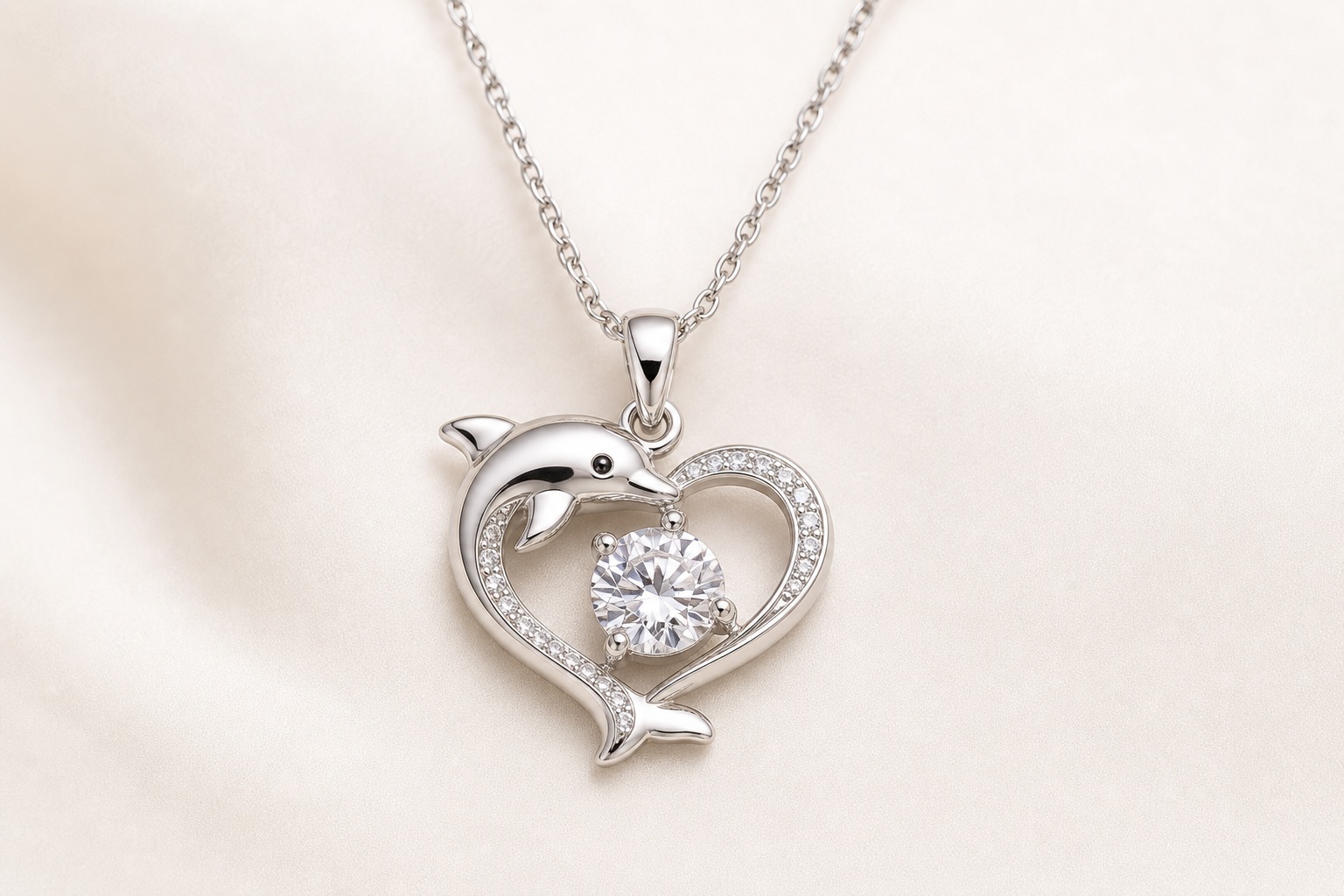 Collier dauphin cœur zircon