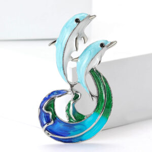 Broche Dauphin Vague Émaillée Bleue