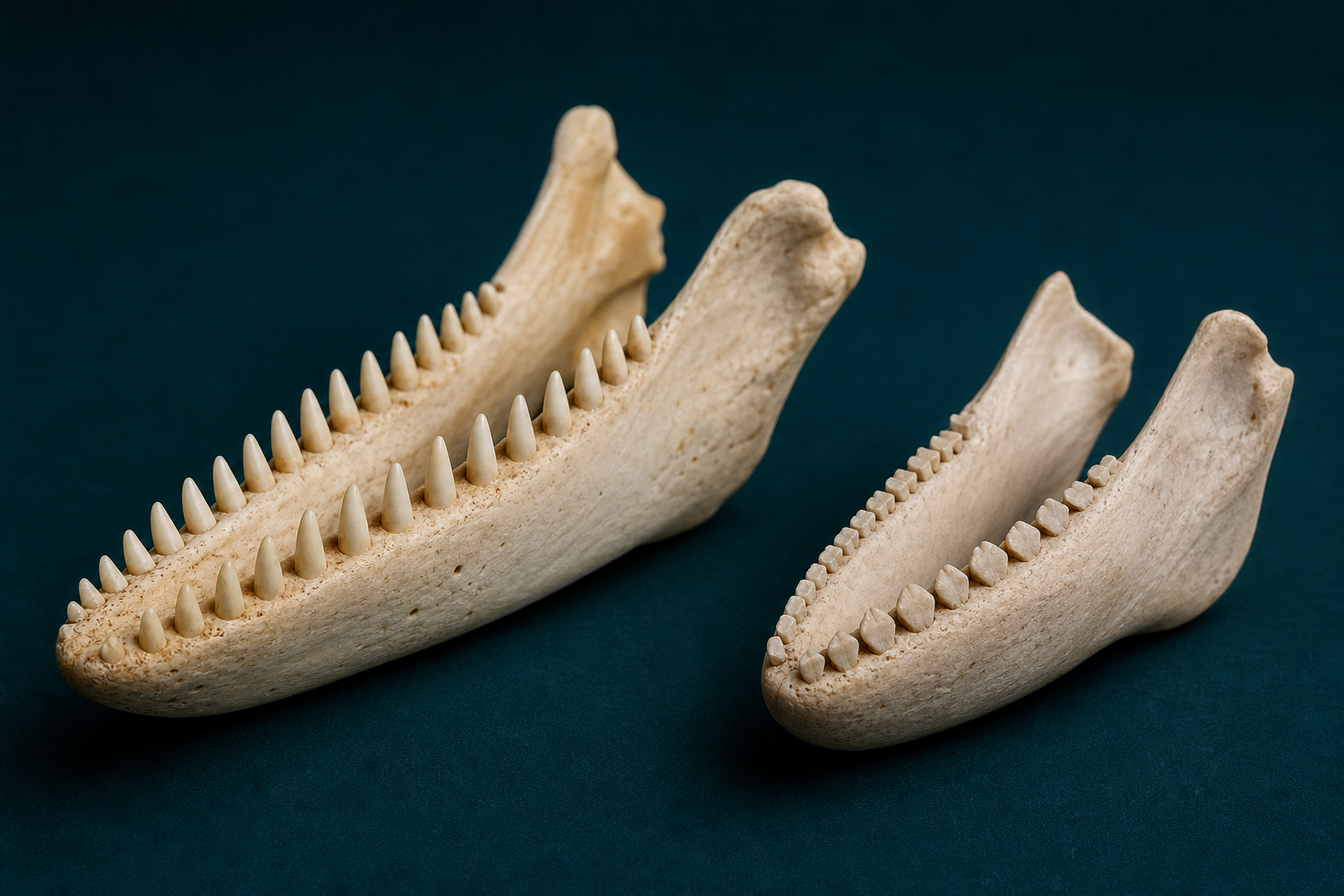 Comparaison de dents coniques de dauphin et de dents aplaties de marsouin