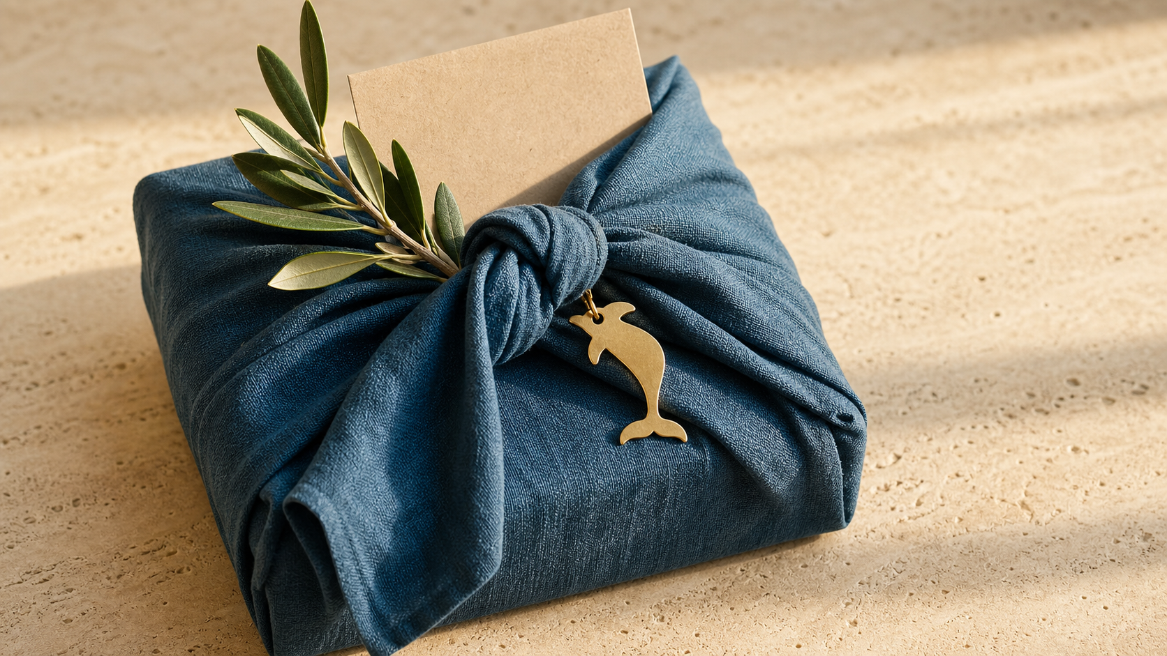 Cadeau enveloppé dans un tissu bleu réutilisable avec une petite étiquette dauphin en laiton