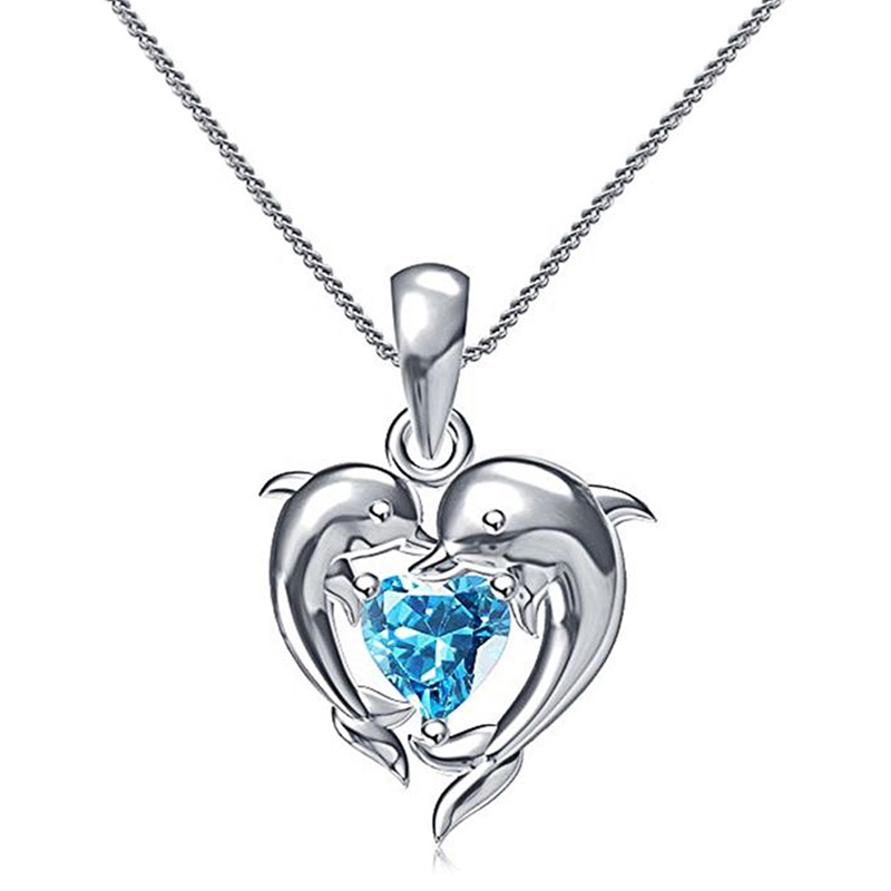 Collier dauphins cœur bleu CZ