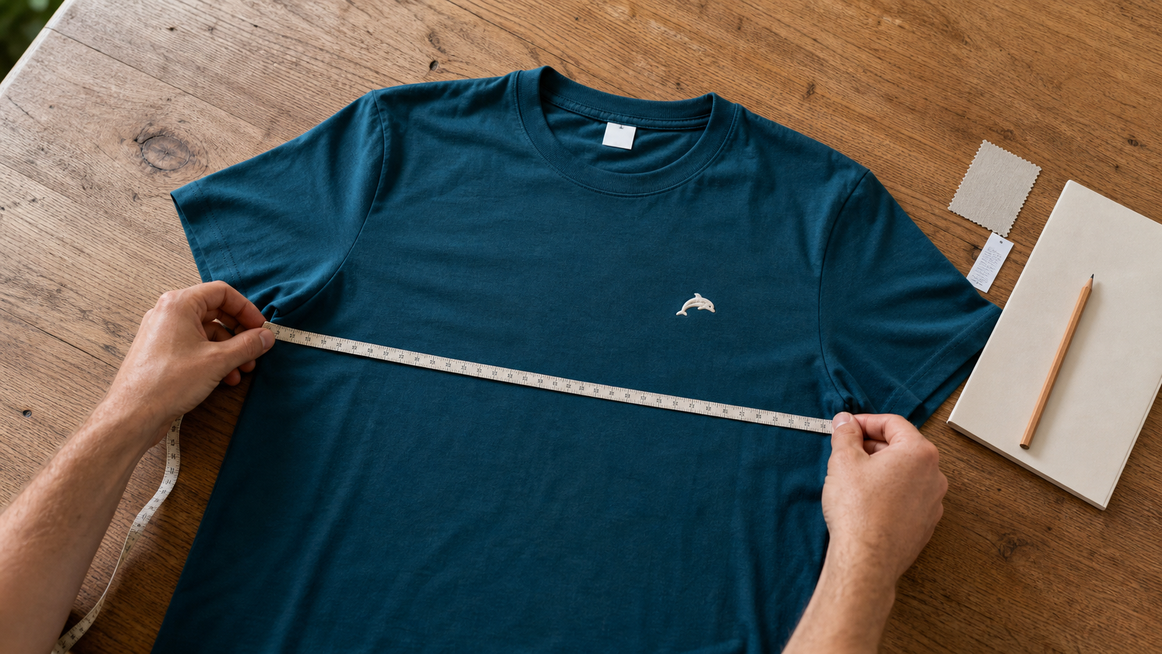 Mesure à plat d’un tee-shirt bleu orné d’un petit dauphin brodé